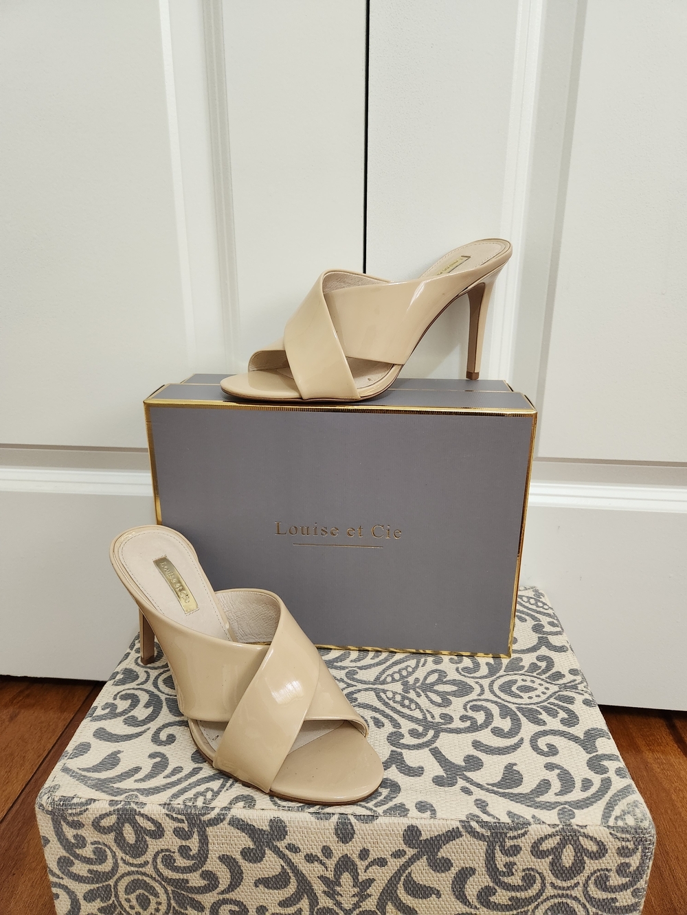 Louise et Cie Nude Patent Leather Crisscross Mule Heels